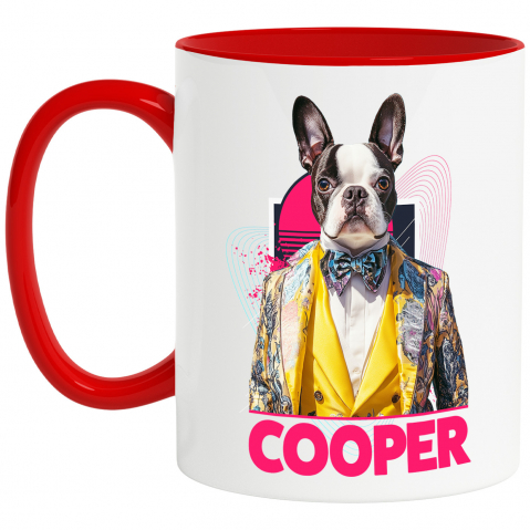 Personalizate cu Animalul Tau - Cana cu Animal Designer de Moda, Costum Colorat, Peronalizata cu Numele si Poza Animalului Tau cu Maner Rosu