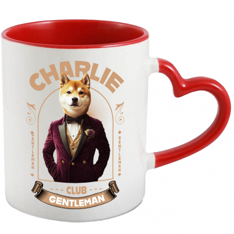 Personalizate cu Animalul Tau - Cana cu Animal Gentleman in Costum, Camasa, Papion si Floare Trandfir, Peronalizata cu Numele si Poza Animalului Tau cu Maner Inima Rosie