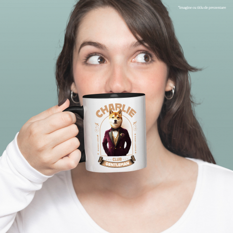 Cana cu Animal Gentleman in Costum, Camasa, Papion si Floare Trandfir, Peronalizata cu Numele si Poza Animalului Tau cu Maner Negru [3]