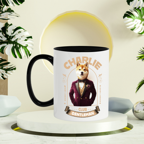 Cana cu Animal Gentleman in Costum, Camasa, Papion si Floare Trandfir, Peronalizata cu Numele si Poza Animalului Tau cu Maner Negru [5]