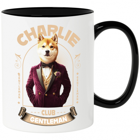 Personalizate cu Animalul Tau - Cana cu Animal Gentleman in Costum, Camasa, Papion si Floare Trandfir, Peronalizata cu Numele si Poza Animalului Tau cu Maner Negru