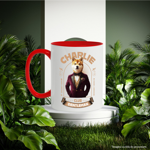 Cana cu Animal Gentleman in Costum, Camasa, Papion si Floare Trandfir, Peronalizata cu Numele si Poza Animalului Tau cu Maner Rosu [5]