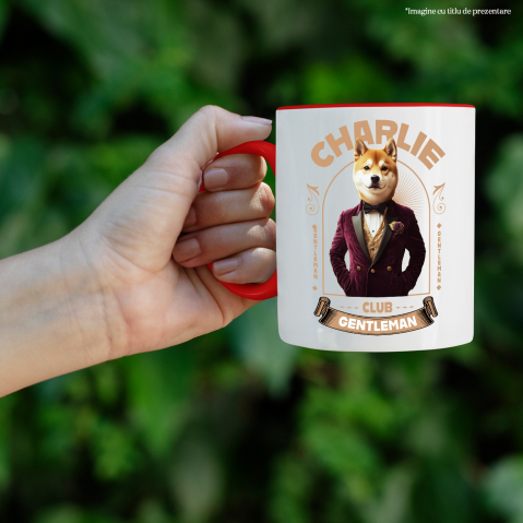 Cana cu Animal Gentleman in Costum, Camasa, Papion si Floare Trandfir, Peronalizata cu Numele si Poza Animalului Tau cu Maner Rosu [3]