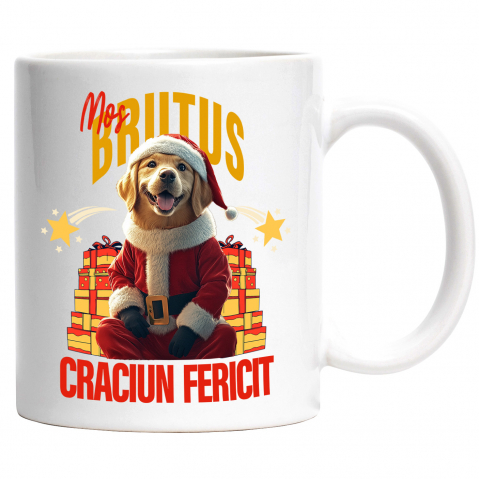 Cani - Cana cu Animal Imbracat in Haine de Craciun, Cadouri, Peronalizata cu Numele si Poza Animalului Tau cu Maner Alb