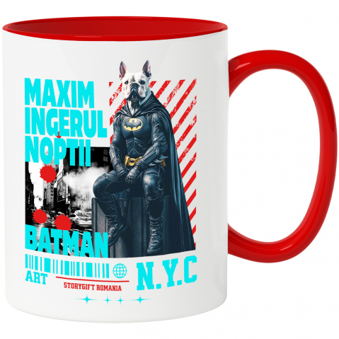 Personalizate cu Animalul Tau - Cana cu Animal In Costum de Batman pe Strazile din New York City, Peronalizata cu Numele si Poza Animalului Tau cu Maner Rosu