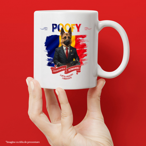 Cana cu Animal In Costum de Presedinte, Steagul Romaniei, Peronalizata cu Numele si Poza Animalului Tau cu Maner Alb [3]