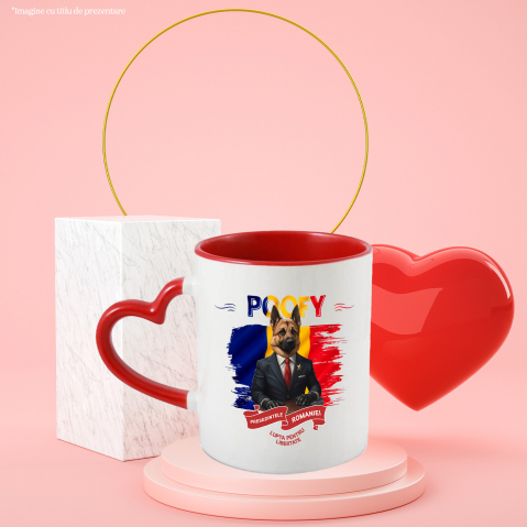 Cana cu Animal In Costum de Presedinte, Steagul Romaniei, Peronalizata cu Numele si Poza Animalului Tau cu Maner Inima Rosie [5]