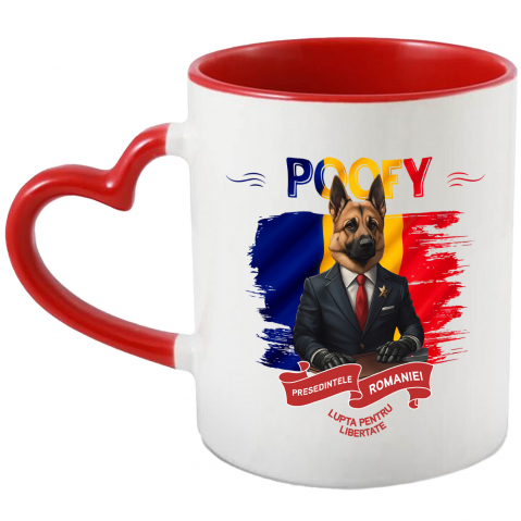 Personalizate cu Animalul Tau - Cana cu Animal In Costum de Presedinte, Steagul Romaniei, Peronalizata cu Numele si Poza Animalului Tau cu Maner Inima Rosie