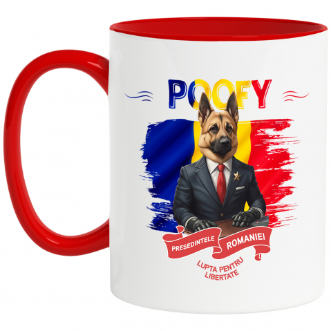 Cani - Cana cu Animal In Costum de Presedinte, Steagul Romaniei, Peronalizata cu Numele si Poza Animalului Tau cu Maner Rosu