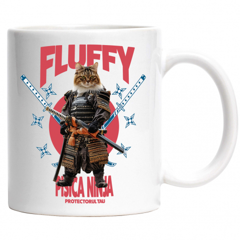 Cani - Cana cu Animal In Costum de Samurai cu Sabie, Peronalizata cu Numele si Poza Animalului Tau cu Maner Alb