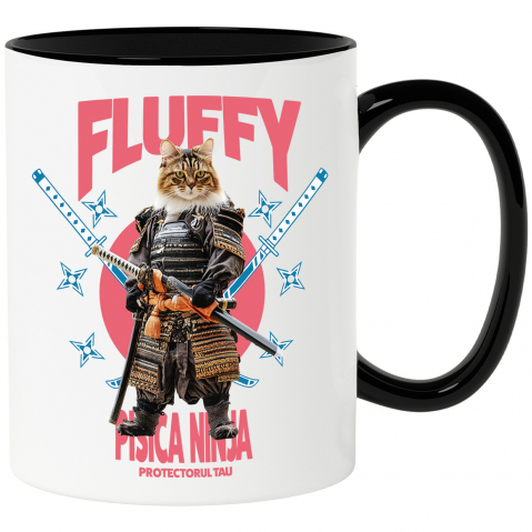 Personalizate cu Animalul Tau - Cana cu Animal In Costum de Samurai cu Sabie, Peronalizata cu Numele si Poza Animalului Tau cu Maner Negru