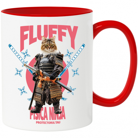 Personalizate cu Animalul Tau - Cana cu Animal In Costum de Samurai cu Sabie, Peronalizata cu Numele si Poza Animalului Tau cu Maner Rosu