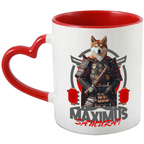 Personalizate cu Animalul Tau - Cana cu Animal In Costum de Samurai, Peronalizata cu Numele si Poza Animalului Tau cu Maner Inima Rosie