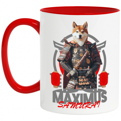 Personalizate cu Animalul Tau - Cana cu Animal In Costum de Samurai, Peronalizata cu Numele si Poza Animalului Tau cu Maner Rosu