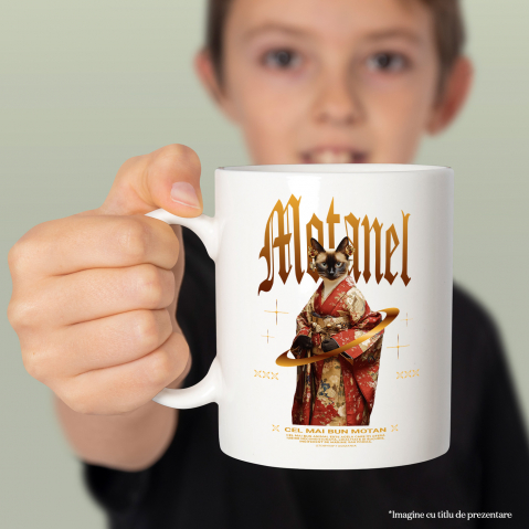 Cana cu Animal In Costum Japonez, Peronalizata cu Numele si Poza Animalului Tau cu Maner Alb [3]