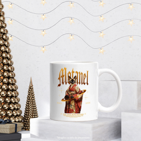 Cana cu Animal In Costum Japonez, Peronalizata cu Numele si Poza Animalului Tau cu Maner Alb [5]