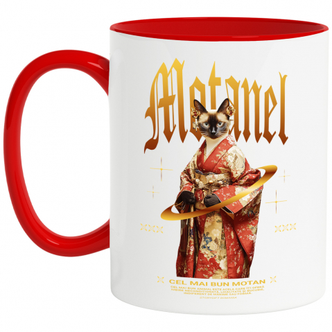 Personalizate cu Animalul Tau - Cana cu Animal In Costum Japonez, Peronalizata cu Numele si Poza Animalului Tau cu Maner Rosu