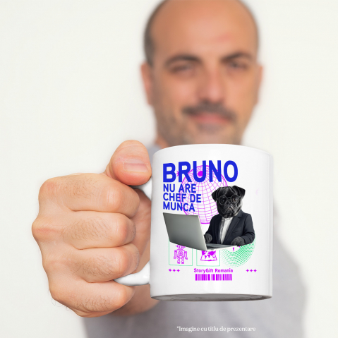 Cana cu Animal In Costum Lucrand pe Laptop, Peronalizata cu Numele si Poza Animalului Tau cu Maner Alb [3]