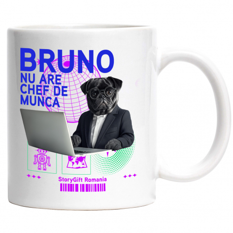 Cani - Cana cu Animal In Costum Lucrand pe Laptop, Peronalizata cu Numele si Poza Animalului Tau cu Maner Alb