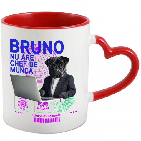 Personalizate cu Animalul Tau - Cana cu Animal In Costum Lucrand pe Laptop, Peronalizata cu Numele si Poza Animalului Tau cu Maner Inima Rosie