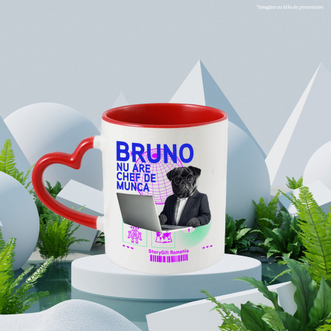 Cana cu Animal In Costum Lucrand pe Laptop, Peronalizata cu Numele si Poza Animalului Tau cu Maner Inima Rosie [3]