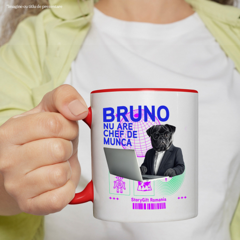 Cana cu Animal In Costum Lucrand pe Laptop, Peronalizata cu Numele si Poza Animalului Tau cu Maner Rosu [3]