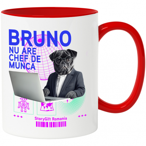 Personalizate cu Animalul Tau - Cana cu Animal In Costum Lucrand pe Laptop, Peronalizata cu Numele si Poza Animalului Tau cu Maner Rosu