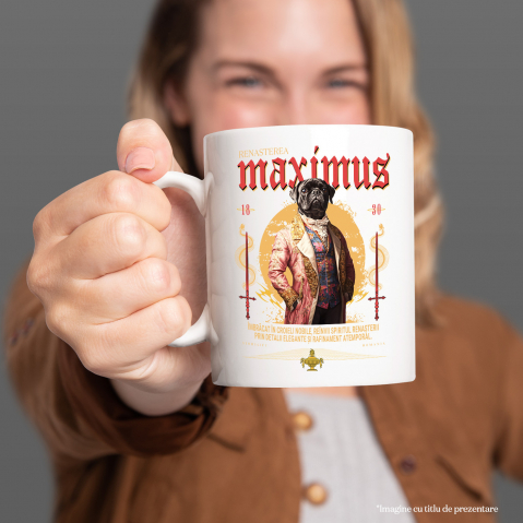 Cana cu Animal In Costum Medieval, Portret, Peronalizata cu Numele si Poza Animalului Tau cu Maner Alb [3]