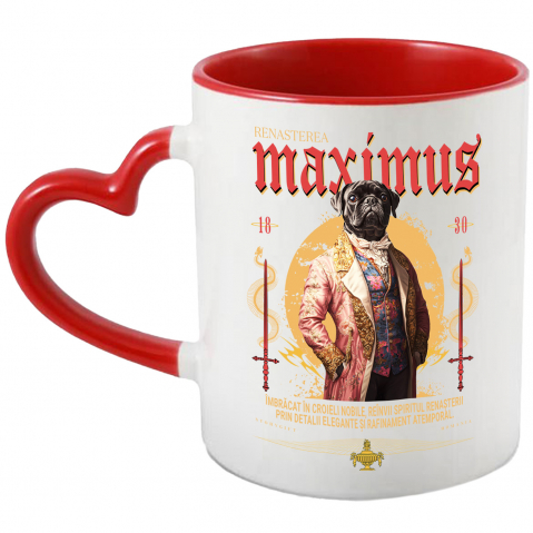 Personalizate cu Animalul Tau - Cana cu Animal In Costum Medieval, Portret, Peronalizata cu Numele si Poza Animalului Tau cu Maner Inima Rosie