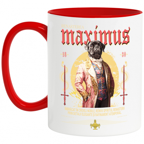 Personalizate cu Animalul Tau - Cana cu Animal In Costum Medieval, Portret, Peronalizata cu Numele si Poza Animalului Tau cu Maner Rosu