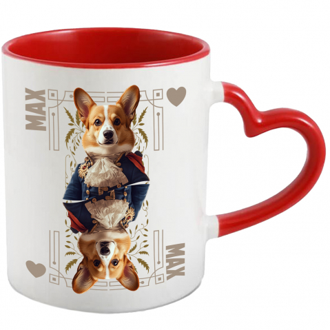 Personalizate cu Animalul Tau - Cana cu Animal In Costum Regal, Carte de Joc, Inima, Peronalizata cu Numele si Poza Animalului Tau cu Maner Inima Rosie