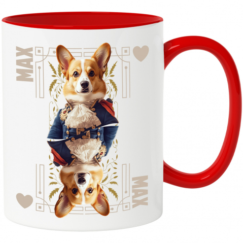 Personalizate cu Animalul Tau - Cana cu Animal In Costum Regal, Carte de Joc, Inima, Peronalizata cu Numele si Poza Animalului Tau cu Maner Rosu