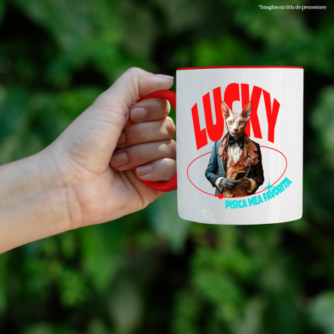 Cana cu Animal in Costum Regal, cu Manusi si Telefonul in Mana, Peronalizata cu Numele si Poza Animalului Tau cu Maner Rosu [3]