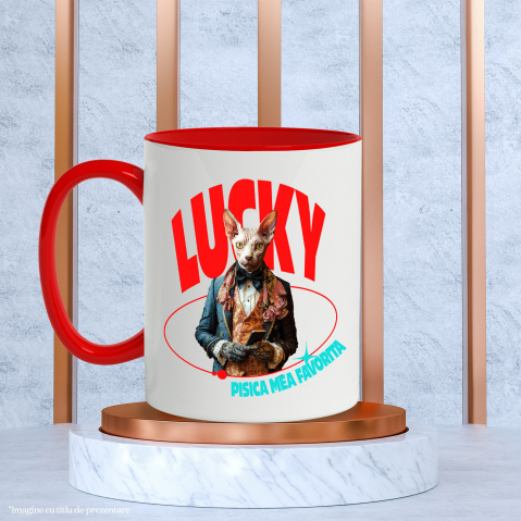 Cana cu Animal in Costum Regal, cu Manusi si Telefonul in Mana, Peronalizata cu Numele si Poza Animalului Tau cu Maner Rosu [5]