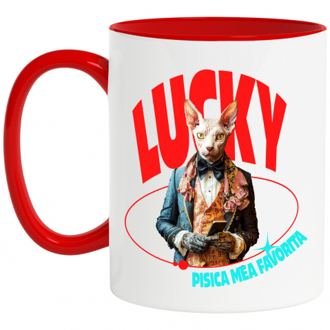 Personalizate cu Animalul Tau - Cana cu Animal in Costum Regal, cu Manusi si Telefonul in Mana, Peronalizata cu Numele si Poza Animalului Tau cu Maner Rosu