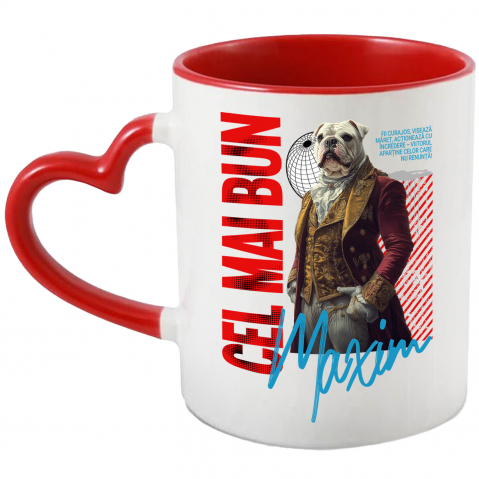 Personalizate cu Animalul Tau - Cana cu Animal In Costum Regal Renascentist, Peronalizata cu Numele si Poza Animalului Tau cu Maner Inima Rosie