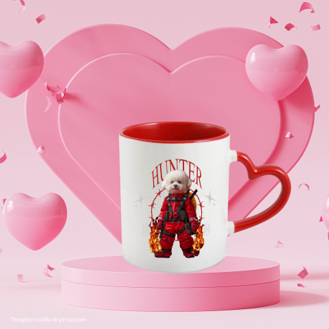 Cana cu Animal In Costum Rosu Similar cu Deadpool, Flacari, Peronalizata cu Numele si Poza Animalului Tau cu Maner Inima Rosie [3]