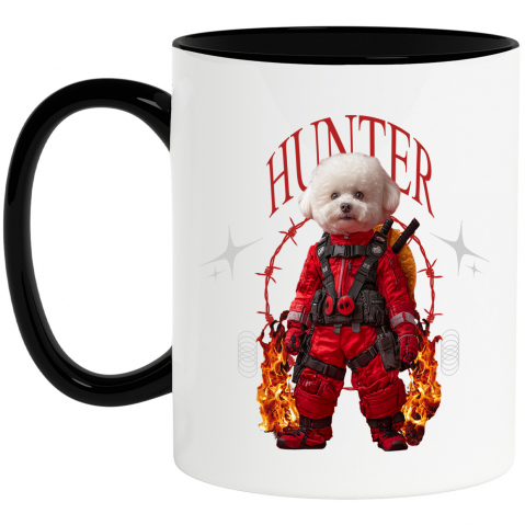 Personalizate cu Animalul Tau - Cana cu Animal In Costum Rosu Similar cu Deadpool, Flacari, Peronalizata cu Numele si Poza Animalului Tau cu Maner Negru