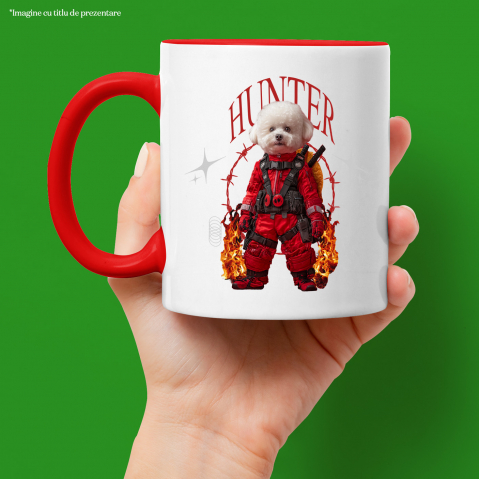 Cana cu Animal In Costum Rosu Similar cu Deadpool, Flacari, Peronalizata cu Numele si Poza Animalului Tau cu Maner Rosu [3]