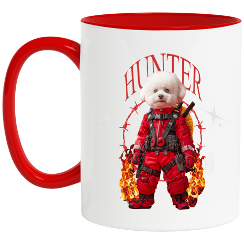 Personalizate cu Animalul Tau - Cana cu Animal In Costum Rosu Similar cu Deadpool, Flacari, Peronalizata cu Numele si Poza Animalului Tau cu Maner Rosu