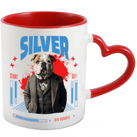 Cani - Cana cu Animal in Costum si papion, Peronalizata cu Numele si Poza Animalului Tau cu Maner Inima Rosie