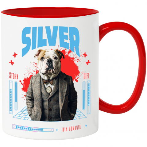 Personalizate cu Animalul Tau - Cana cu Animal in Costum si papion, Peronalizata cu Numele si Poza Animalului Tau cu Maner Rosu