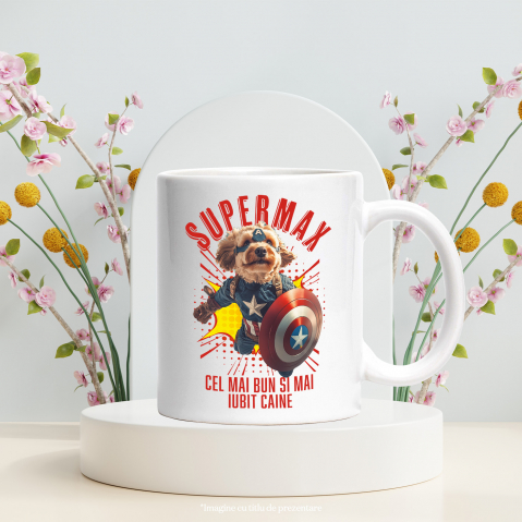 Cana cu Animal In Costumul lui Capitanul America, Zburand, Scut, Peronalizata cu Numele si Poza Animalului Tau cu Maner Alb [5]