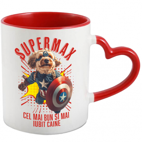 Personalizate cu Animalul Tau - Cana cu Animal In Costumul lui Capitanul America, Zburand, Scut, Peronalizata cu Numele si Poza Animalului Tau cu Maner Inima Rosie