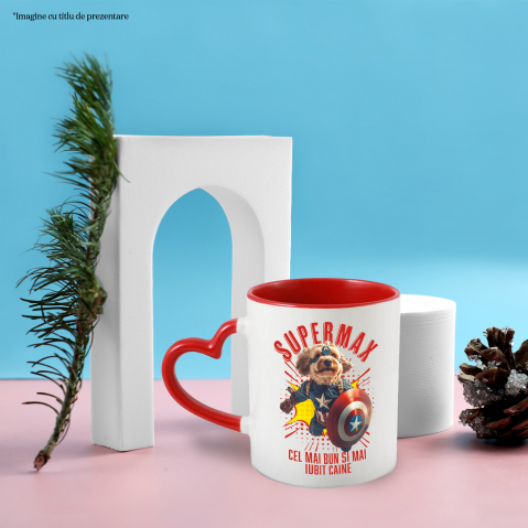 Cana cu Animal In Costumul lui Capitanul America, Zburand, Scut, Peronalizata cu Numele si Poza Animalului Tau cu Maner Inima Rosie [3]