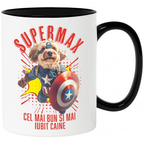 Cani - Cana cu Animal In Costumul lui Capitanul America, Zburand, Scut, Peronalizata cu Numele si Poza Animalului Tau cu Maner Negru