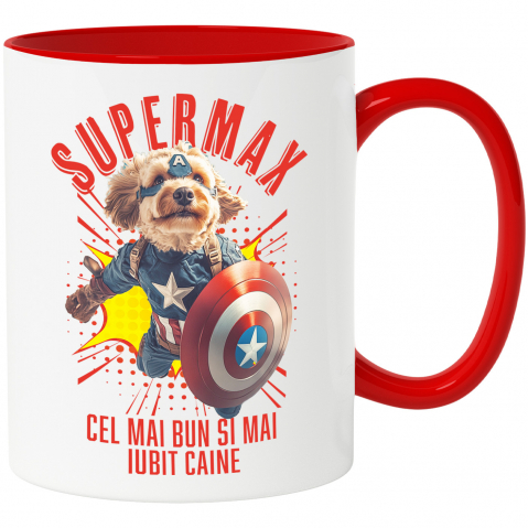 Personalizate cu Animalul Tau - Cana cu Animal In Costumul lui Capitanul America, Zburand, Scut, Peronalizata cu Numele si Poza Animalului Tau cu Maner Rosu