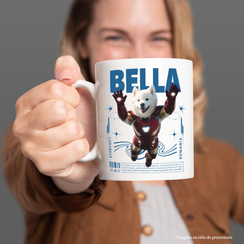 Cana cu Animal In Costumul lui Ironman, Zburand, Peronalizata cu Numele si Poza Animalului Tau cu Maner Alb [3]