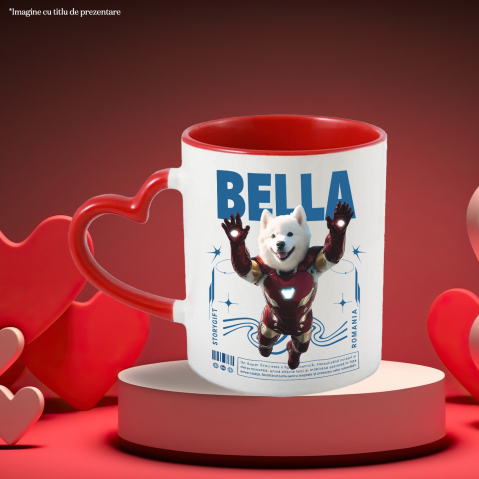 Cana cu Animal In Costumul lui Ironman, Zburand, Peronalizata cu Numele si Poza Animalului Tau cu Maner Inima Rosie [5]