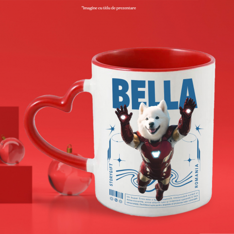 Cana cu Animal In Costumul lui Ironman, Zburand, Peronalizata cu Numele si Poza Animalului Tau cu Maner Inima Rosie [3]